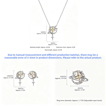 Size guide showing the planet-and-star necklace, earrings and adjustable ring with measurements in centimetres.