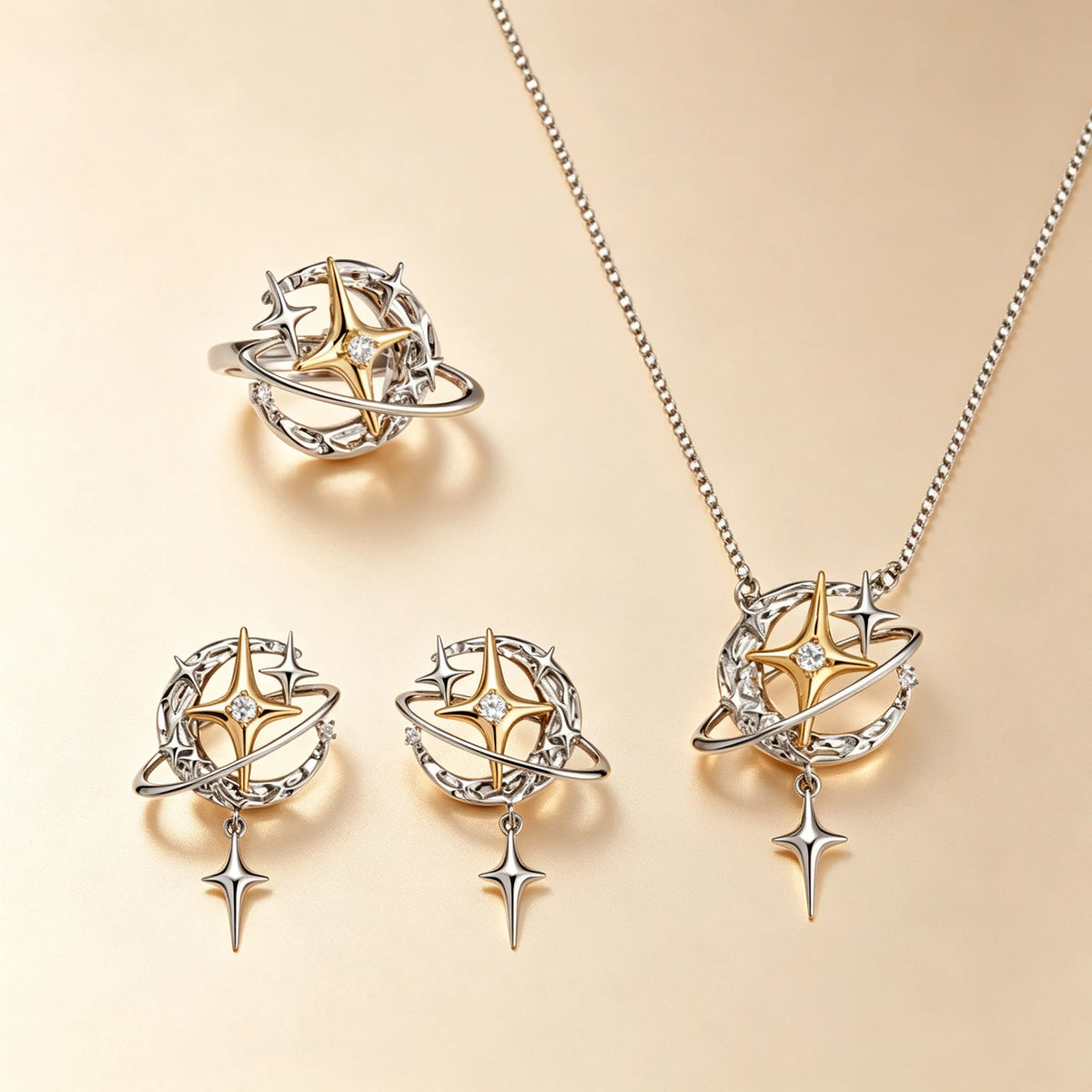Y2K planet jewellery set with gold star and silver orb ring, stud earrings and pendant necklace